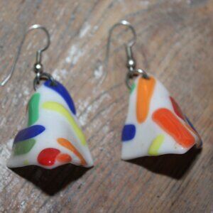 Vintage 1980s Earrings Multi Colored Slag Glass Colorfull Dangles.